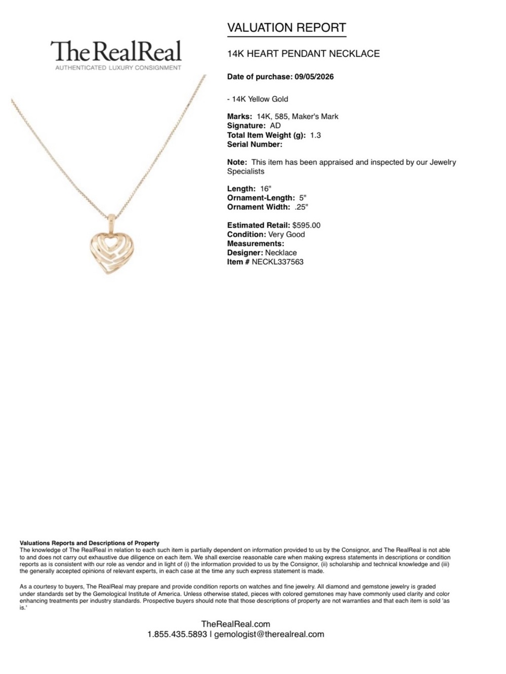 Real 14K Gold Dainty Heart Pendant Necklace. 1.3 Grams 14K. Valuation Report. - Picture 6 of 6